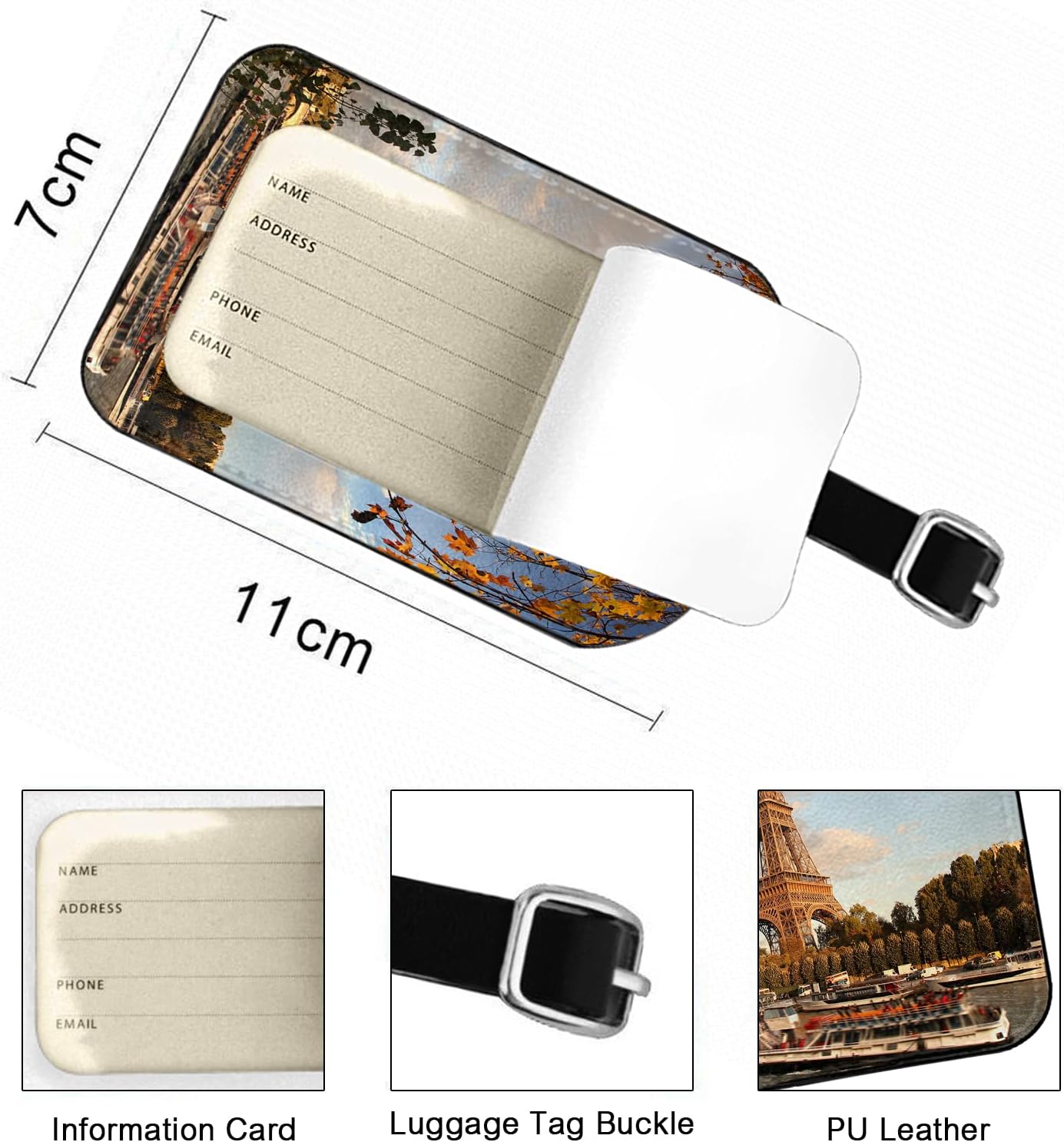 Paris Leather Luggage Tags Eiffel Tower France Autumn Fallen Trees Romantic Business Card Holder Travel ID Bag Tag for Travel Luggage Baggage Identifier, 1 Pack