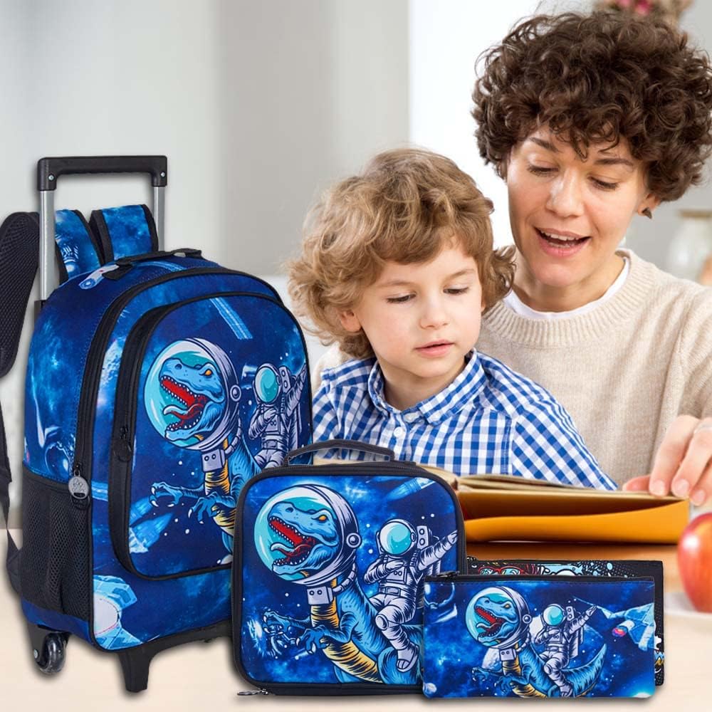 3PCS Rolling Backpack for Girls and Boys， Kids Unicorn Dinosaur Wheeled Bookbag