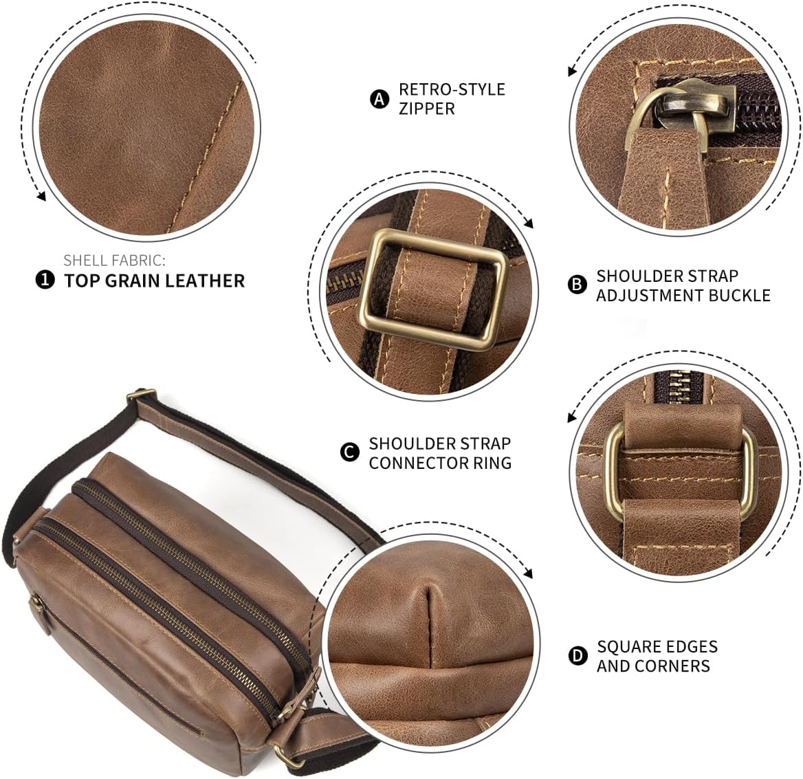 Augus Leather Messenger Crossbody Shoulder Bag for Men Work Business Casual Adjustable straps With YKK Metal Zipper