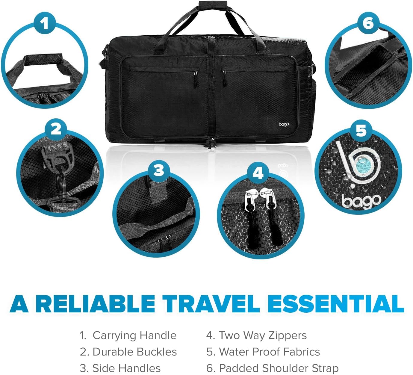 Bago Large Foldable Duffel Bags for Traveling Women & Men - 100L Packable Duffle Bag for Travel