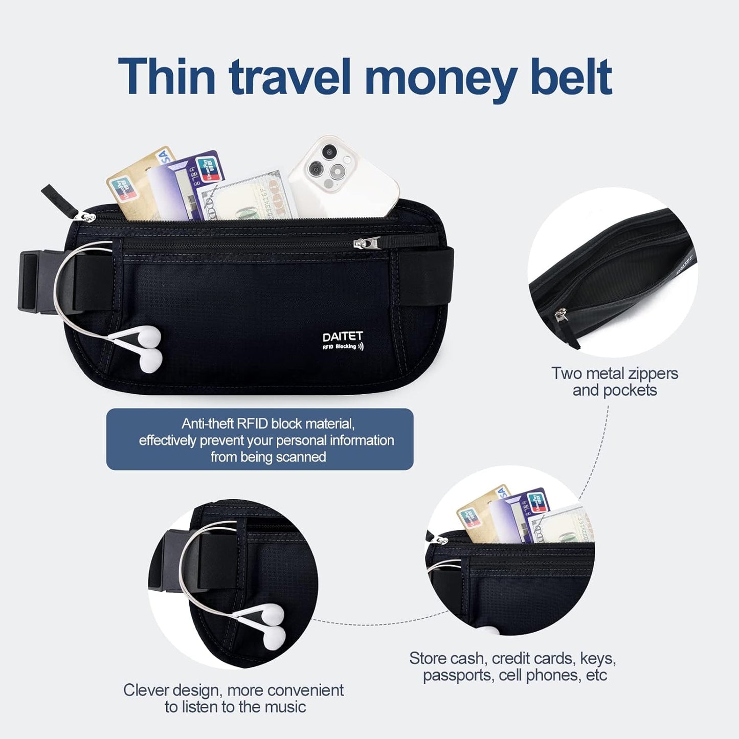 RFID Blocking Money Belt for Men Women, Slim Fanny Pack For Travel，Running,Conceal Waist Wallet For