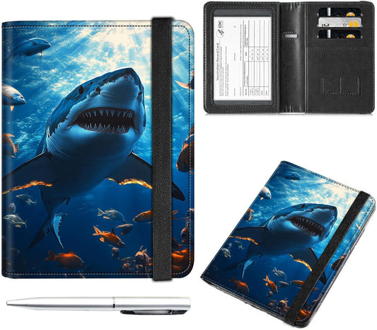 Passport and Vaccine Card Holder Cover Combo,Travel Passport Holder Wallet with RFID Blocking, Leather Vaccine Card Slot Passport Cover Case for Women & Men,Great White Shark