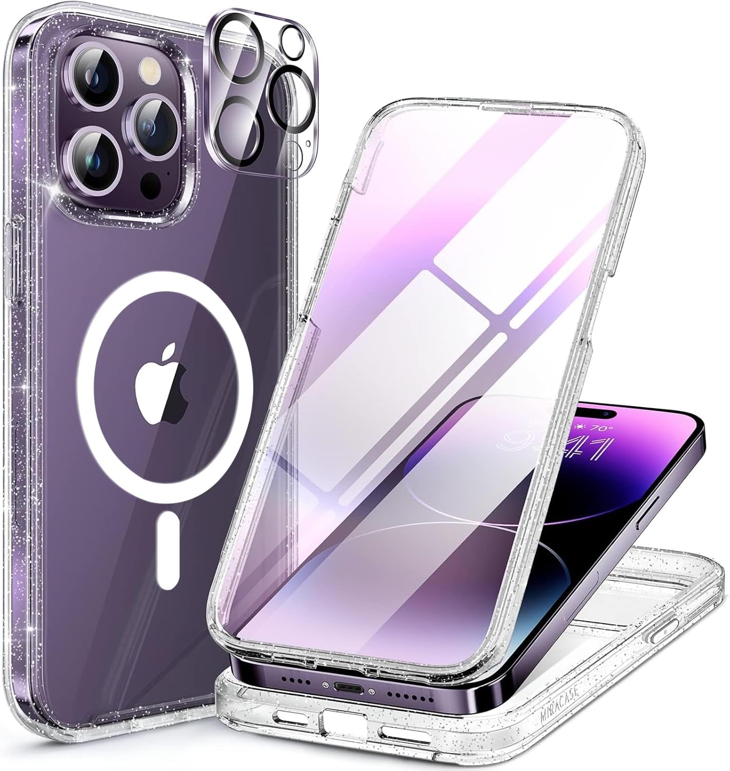 Miracase Magnetic for iPhone 14 Pro Case 6.1 inch, (Compatible with MagSafe) Upgrade Full-Body Clear Phone Bumper Case with Built-in 9H Tempered Glass Screen Protector, Magnetic Glitter Clear