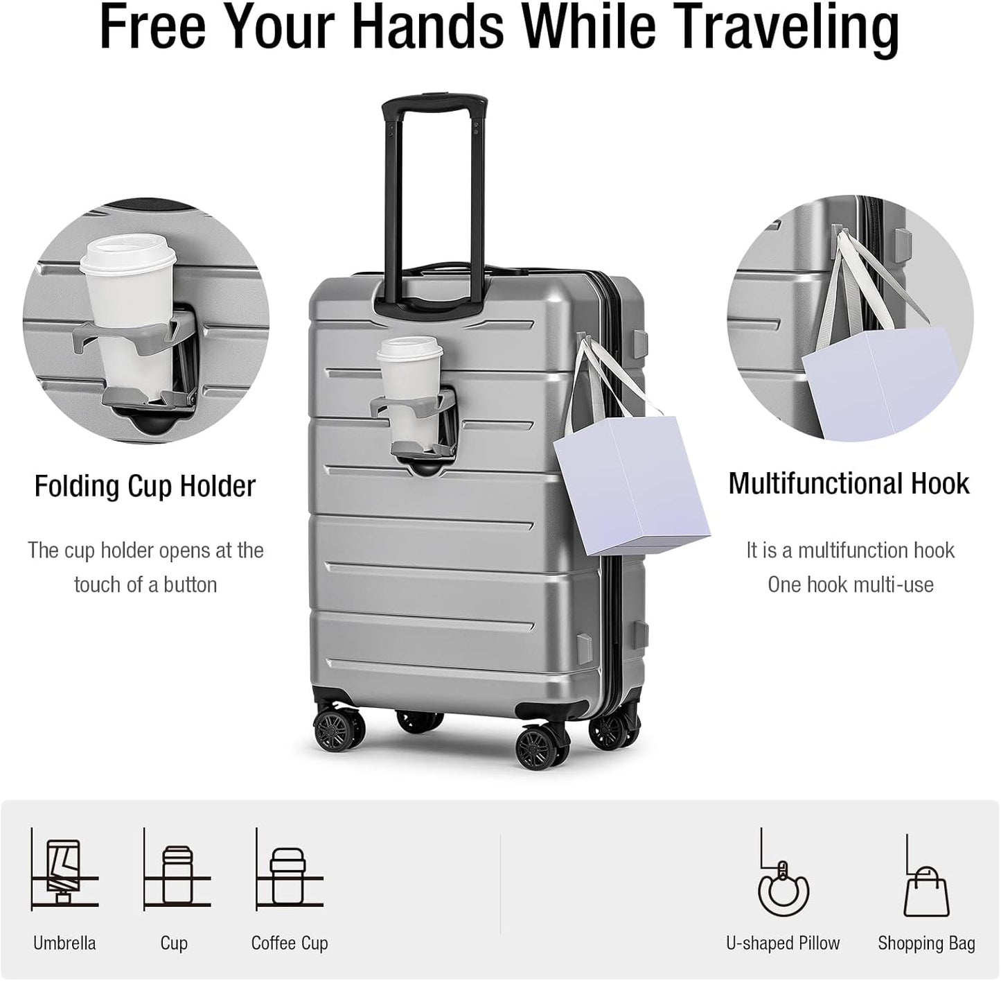 KYME Suitcases with Wheels Hard Shell 26 Inch Luggage with TSA Lock Durable Medium Checked Travel Rolling Luggage with Cup Holder for Women Men Silver Grey