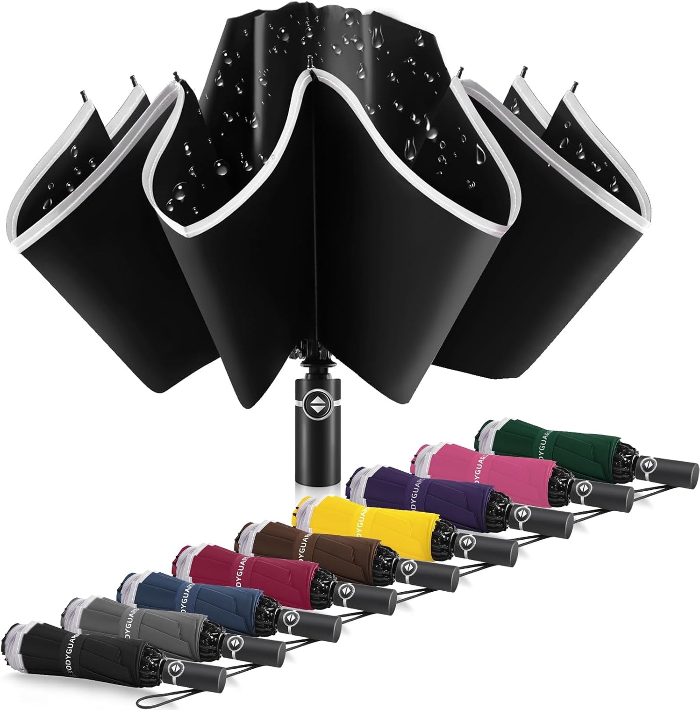 Bodyguard Inverted Umbrella - Large Windproof for Rain & Sun, Compact Reverse With Reflective Stripe, Teflon-Coated for Women Men, Travel Folding With Cover Bag