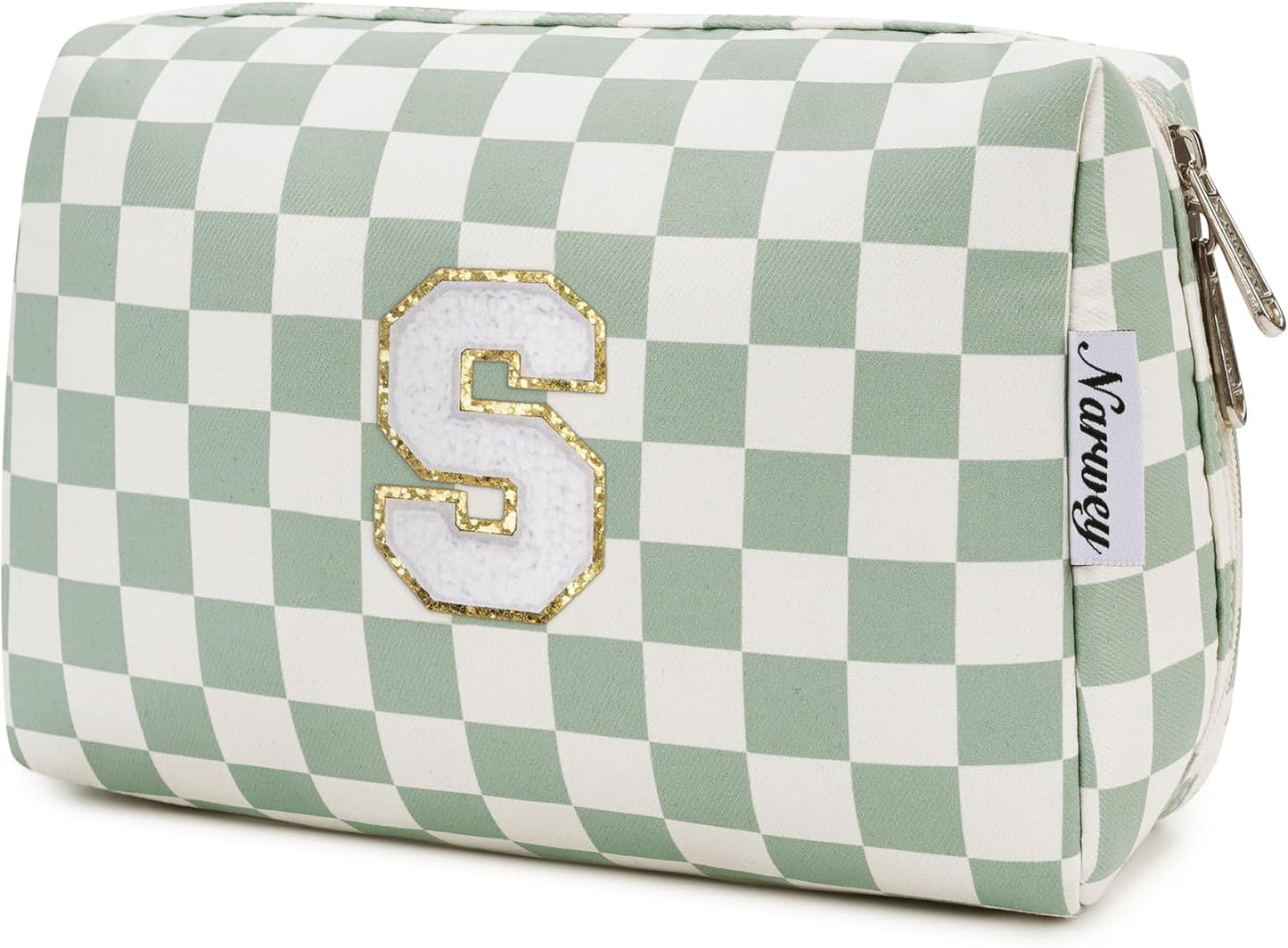Narwey Birthday Gifts for Teen Girls Women Personalized Initial Checkered Makeup Bag Preppy Cosmetic Bag Trendy Stuff 6 8 10 11 12 13 14 16 18 Years Old Travel Toiletry Bag (Green Letter S)