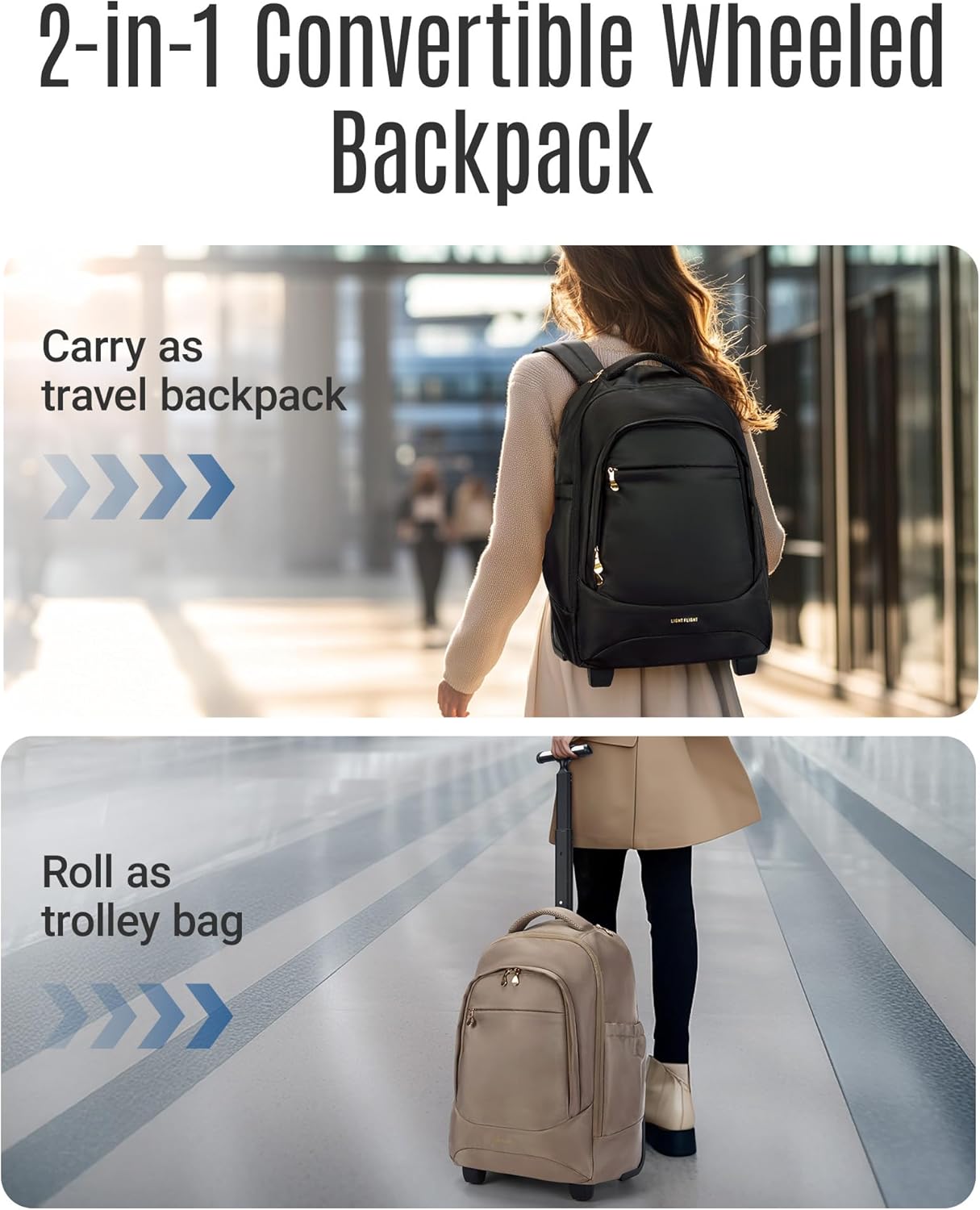 LIGHT FLIGHT 37L Rolling Travel Backpack, Water-Resistant Travel Laptop Backpacks with Wheels for Adults, 17 Inch Large Roller College Backpack Luggage Carry on, Champagne