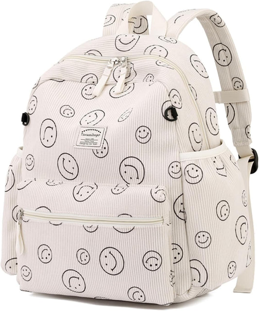 Corduroy Kids Backpack for Boys Girls Backpacks for Primary Elementary Kindergarten 6-10 (Smile Beige, Medium (15" H Fit A4 Folder))