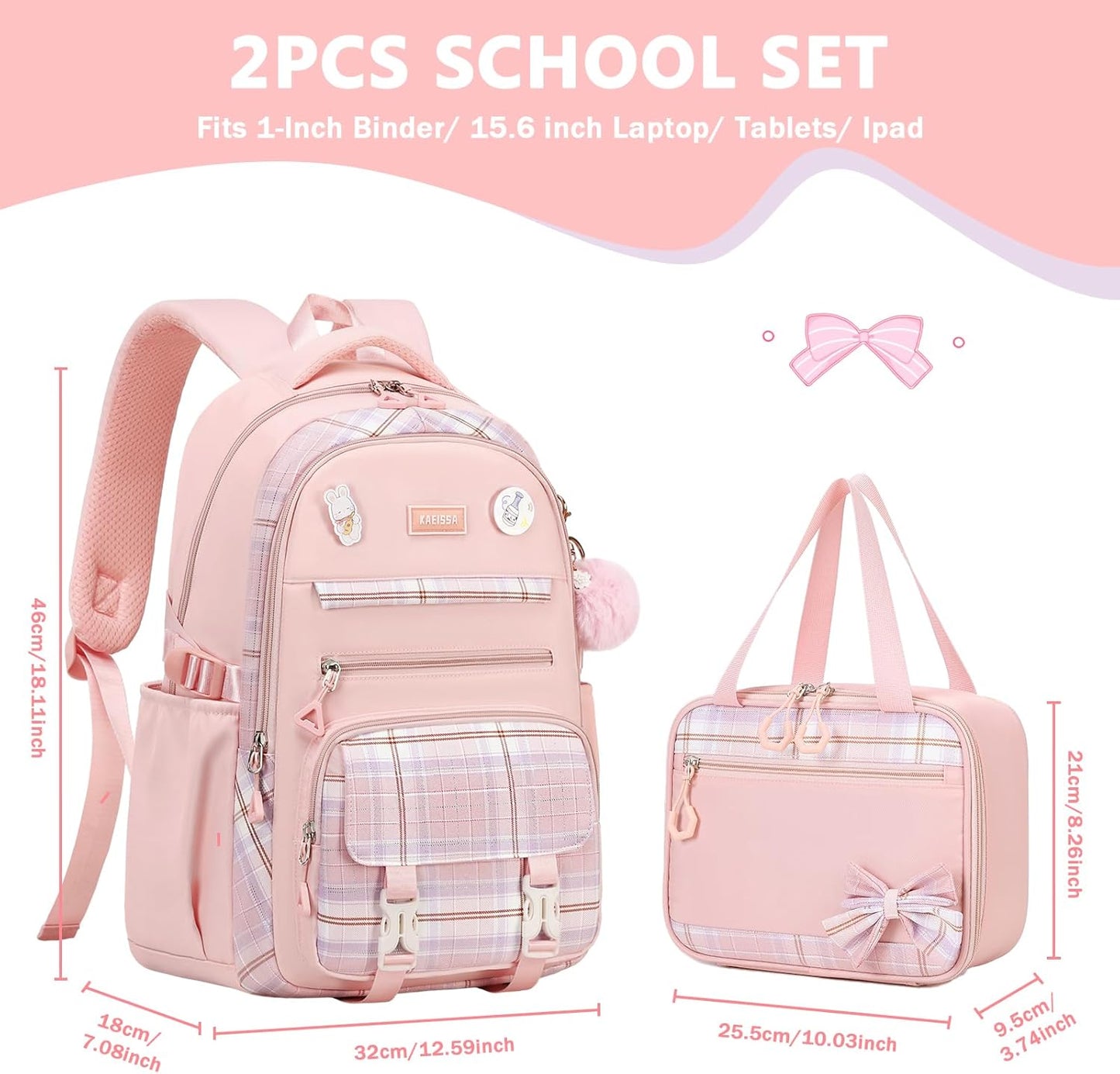 Girls Backpack, 2pcs Set Kawaii Kids Backpack with Insulated Lunch Box Bag Girls Bookbag School Bag for Age 6-12 Years Old, Pink Plain