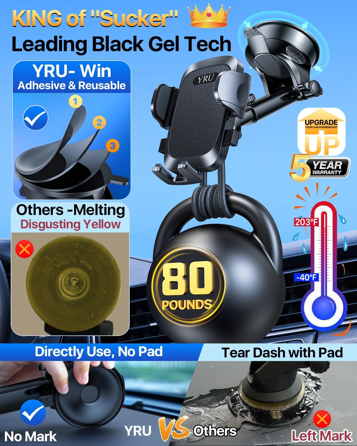 YRU [True Upgrade for Safety] Car Phone Holder Mount [Patent & Military-Grade] Dashboard Cell Phone Holder for Car Vent Windshield Phone Stand for iPhone 17 16 15 14 13 Pro Max Truck Samsung, Black