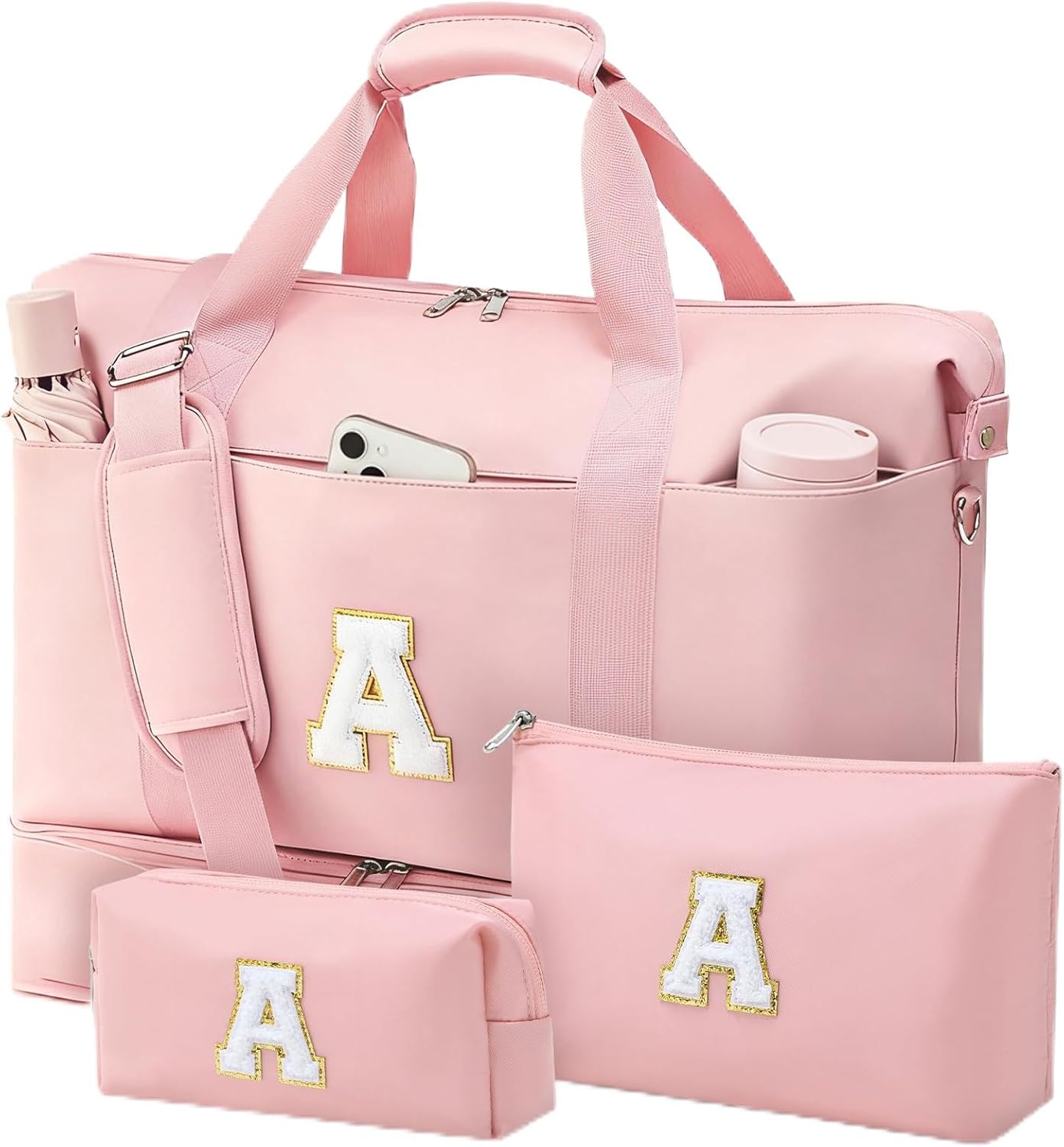 Personalized Initial Travel Duffle Bag for Women, Dance Bags with Foldable Shoe Compartment, Carry-On Weekender Duffel, Gifts for Teenage Girls, Water Resistant, Pink, Letter A