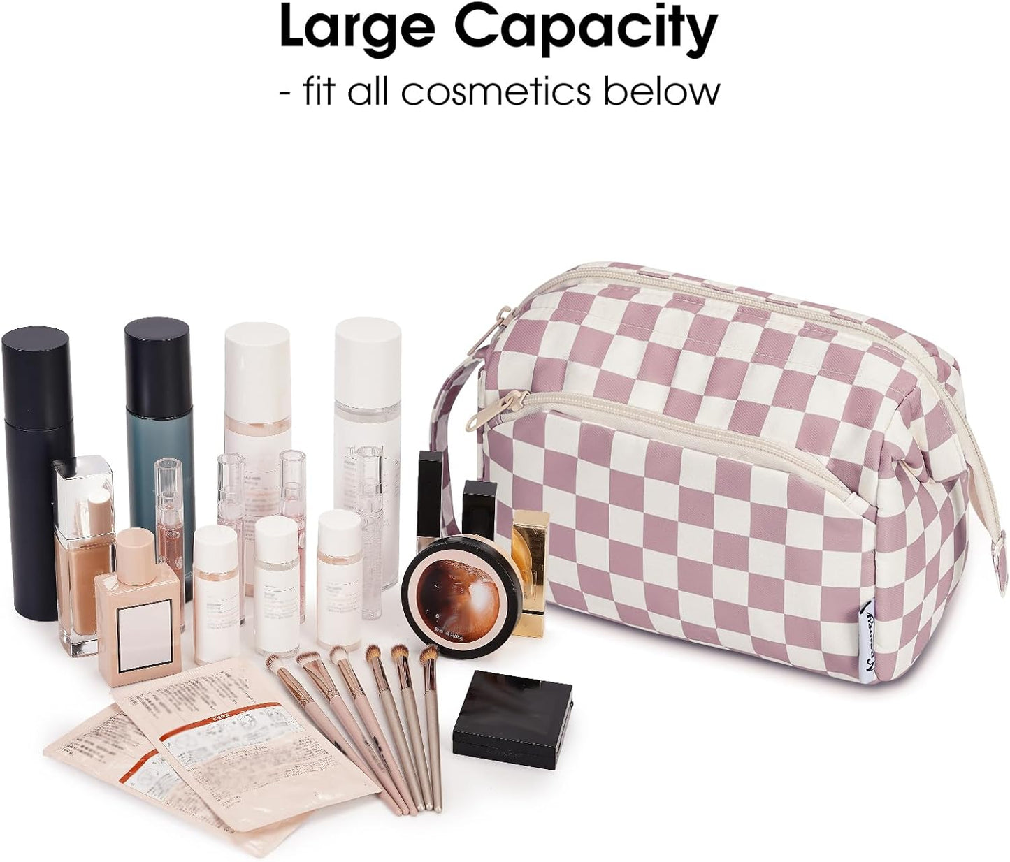 Narwey Checkered Makeup Bag Women Wide-open Make up Bag Travel Cosmetic Bag Organizer Toiletry Bag for Cosmetics Toiletries Accessories (Dusty Rose Checkerboard)