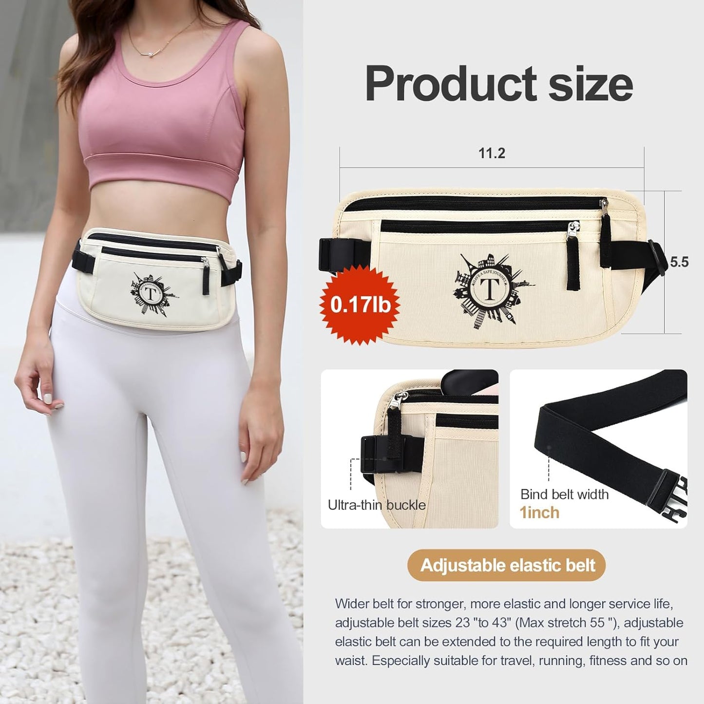 DAITET Personalized Initial Money Belt,RFID Blocking Travel Secure Bag,Monogrammed Gift for Women, Mom and Travel enthusiasts(T)
