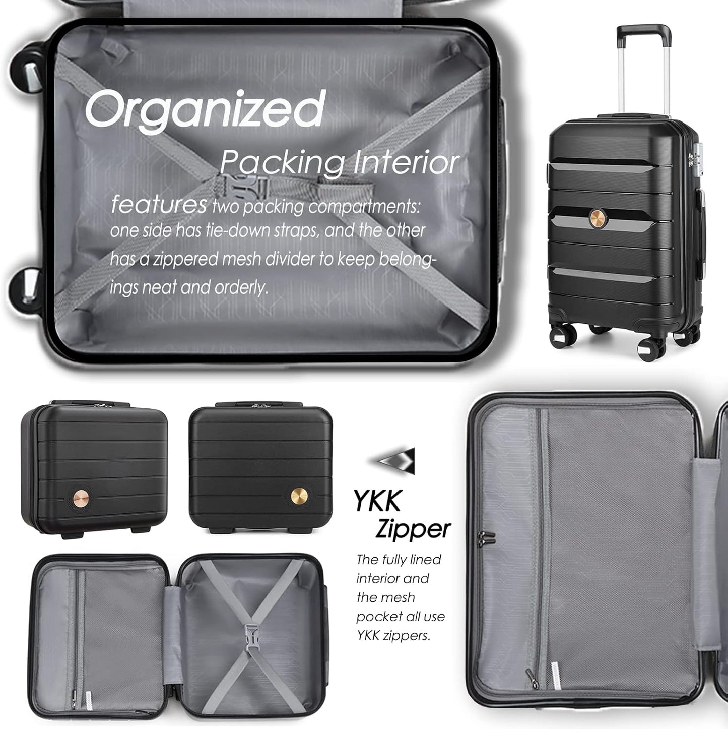 Somago 20 Inch Carry On Luggage Sets Hardside Suitcase with Double Spinner Wheels and TSA Lock YKK Zipper (Classic Black,14/20)