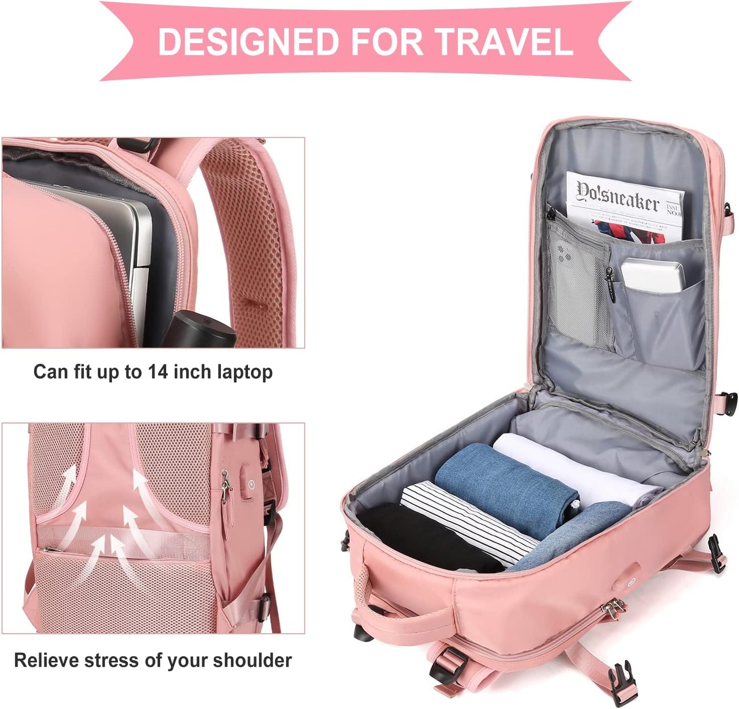 coowoz Large Travel Backpack For Women Men,Carry On Backpack,Hiking Backpack Waterproof Outdoor Sports Rucksack Casual Daypack Travel Essentials Pink