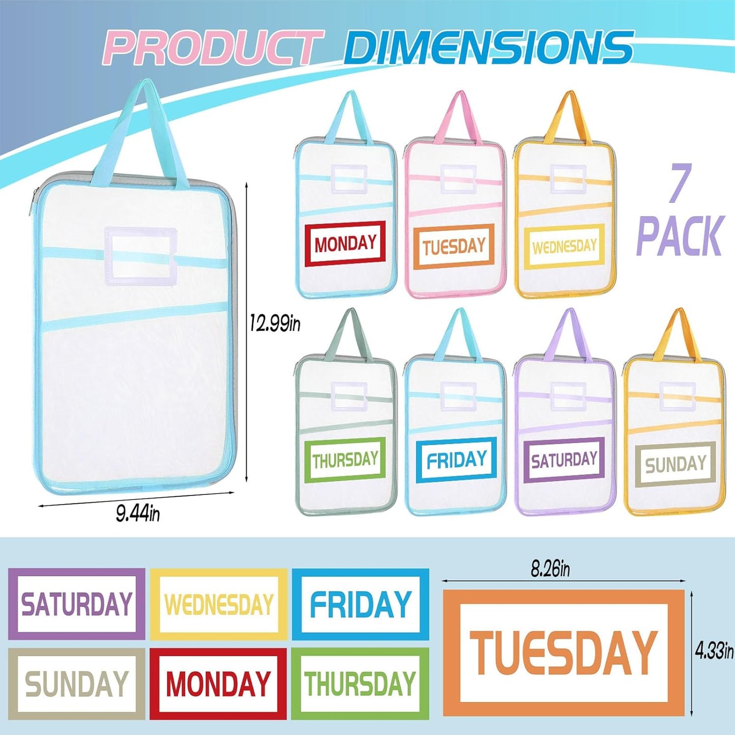 7 Pcs Packing Cubes for Travel, Days of Week Colorful Packing Cubes with Labels, Clear Clear Zippered Storage Bag for Travel Summer Camp Cruise Family Vacations Essentials