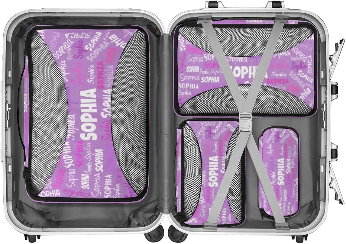 Custom Packing Cubes with Name, 4Pcs/Set Travel Luggage Packing Organizers Set for Women, Lavender Purple