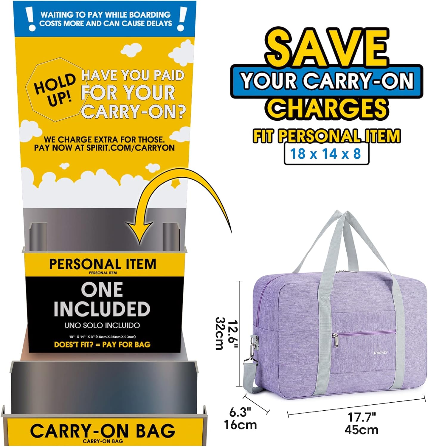 For Spirit Airlines Personal Item Bag 18x14x8 Foldable Travel Duffel Bag Tote Carry on Luggage Duffle Overnight for Women and Men