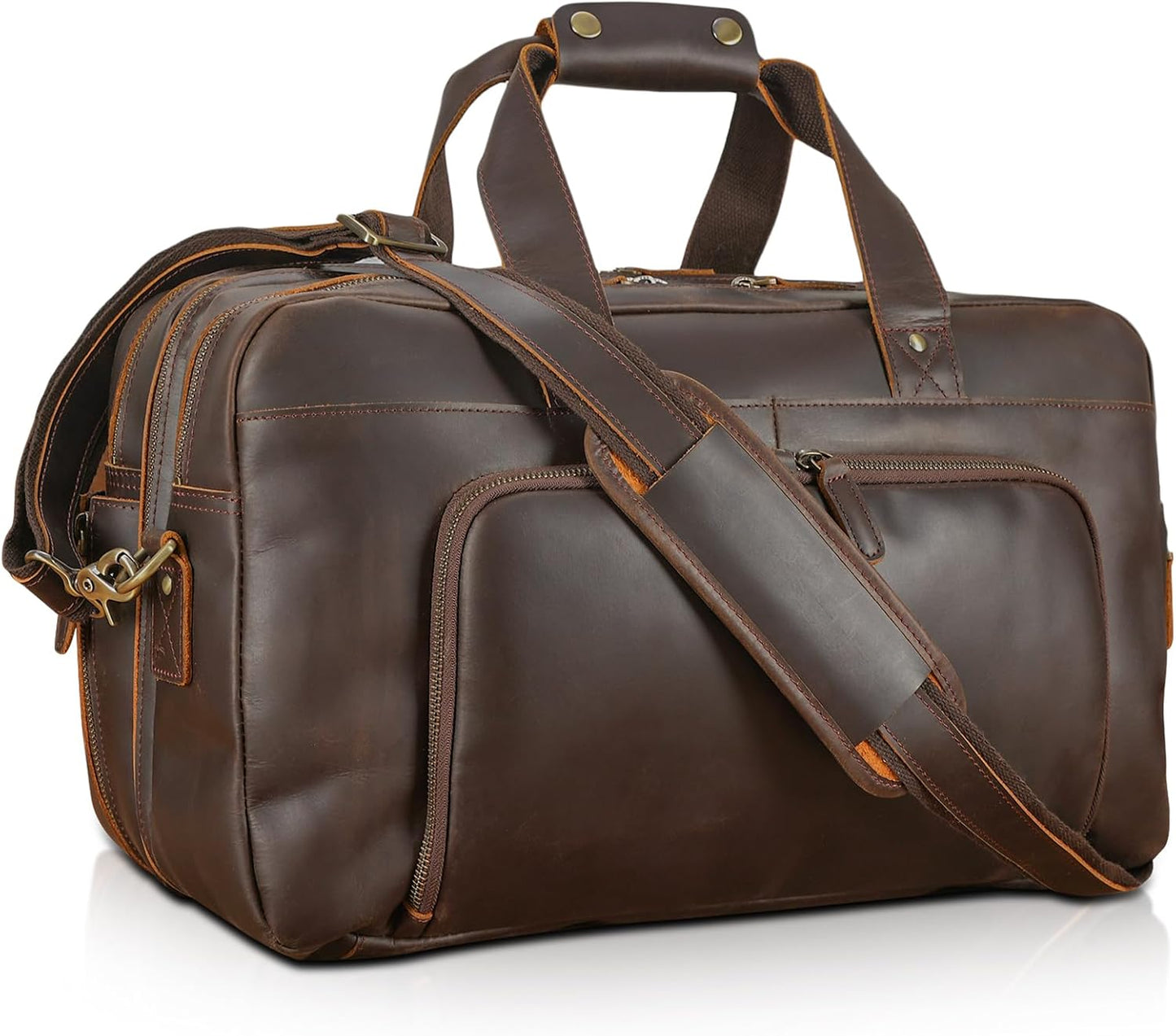 Polare 18" Full Grain Leather Luggage Airlines Personal Item Bag Business Carry On Suitcase Weekender Overnight Travel Duffel Bag for Men (Dark Brown-18.5")