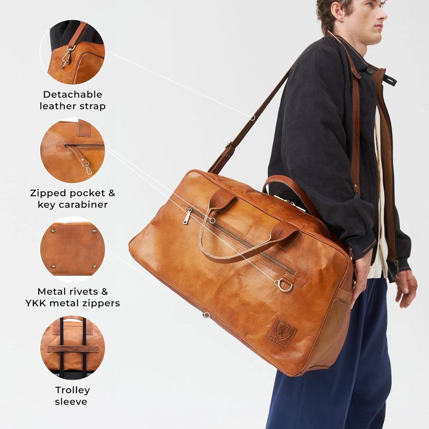 Berliner Bags Vintage Genuine Leather Duffle Austin XL for Travel or the Gym, Weekender Bag with Shoe Compartment, Overnight Bag for Men and Women - Brown