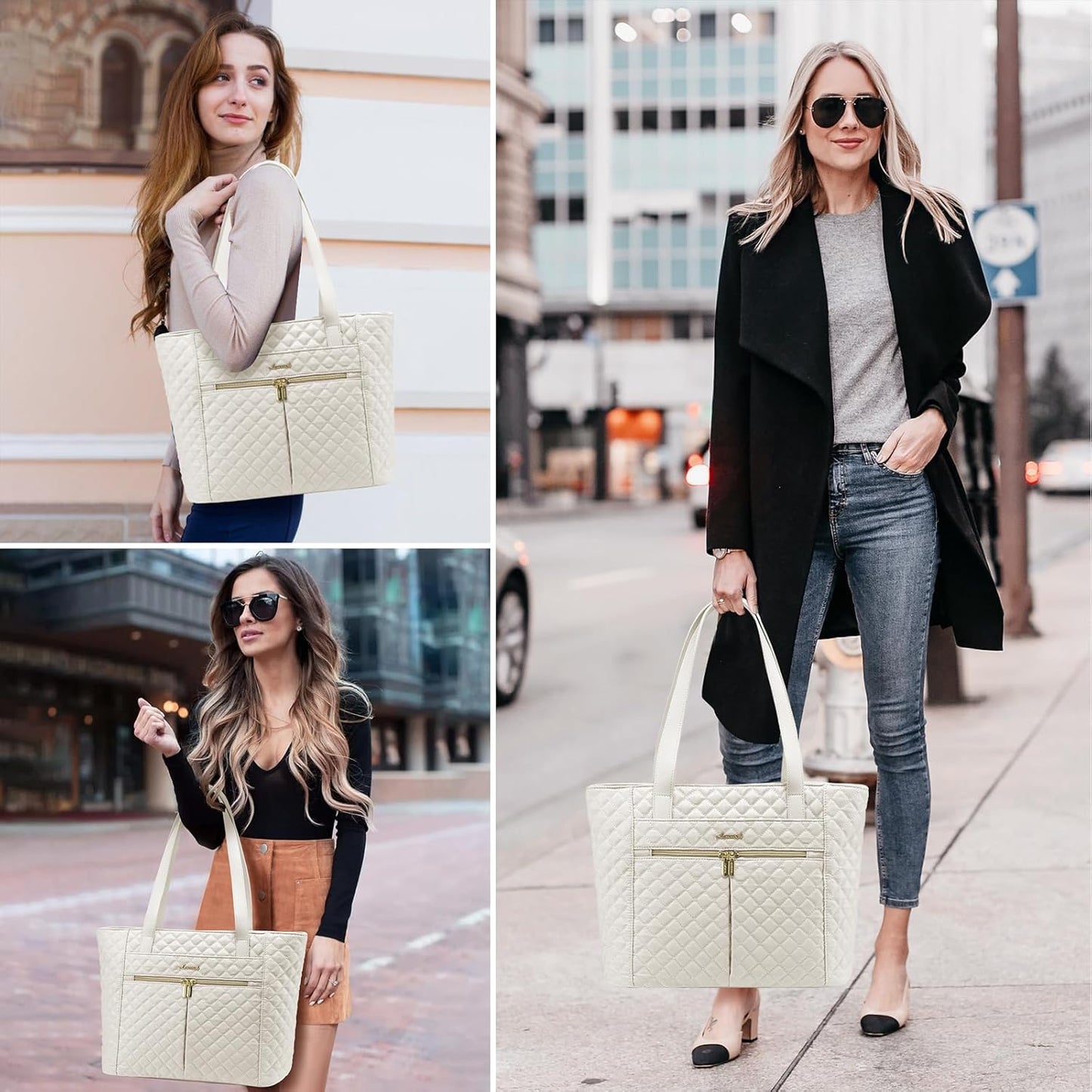 LOVEVOOK Laptop Bag for Women 17 inch,Diamond Quilted Work Tote Bags Womens Laptop Tote Bag Computer Shoulder Bags,Stylish Travel Tote Bags Laptop Purse Briefcase Handbag with Clutch Purse,Off-white