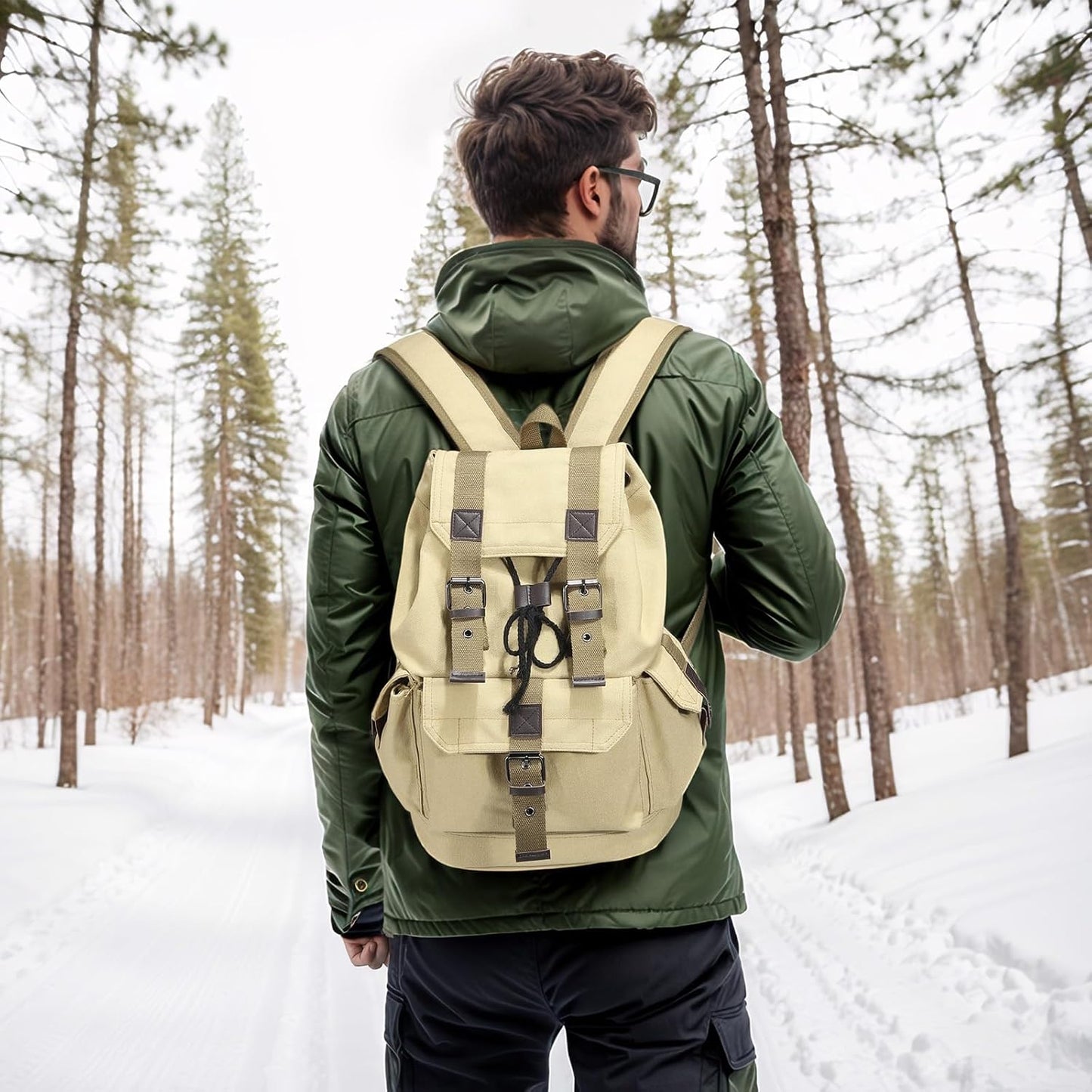Vintage Canvas Backpack for Men Women, Durable Casual Daypack, Large Capacity Travel Rucksack Fits for Hiking and Daily Use (Khaki)