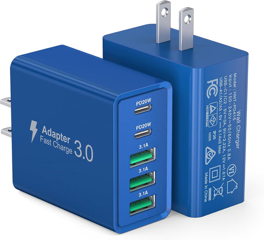 USB C Wall Charger, 60W USB C Charger Block 2-Pack 5-Port PD Fast Charging Blocks,Multiport 2USB C+3USB A Plug,Type C Power Adapter Brick Cube for iPhone 17/16/15/14/13,Samsung,for Switch（Dark Blue）