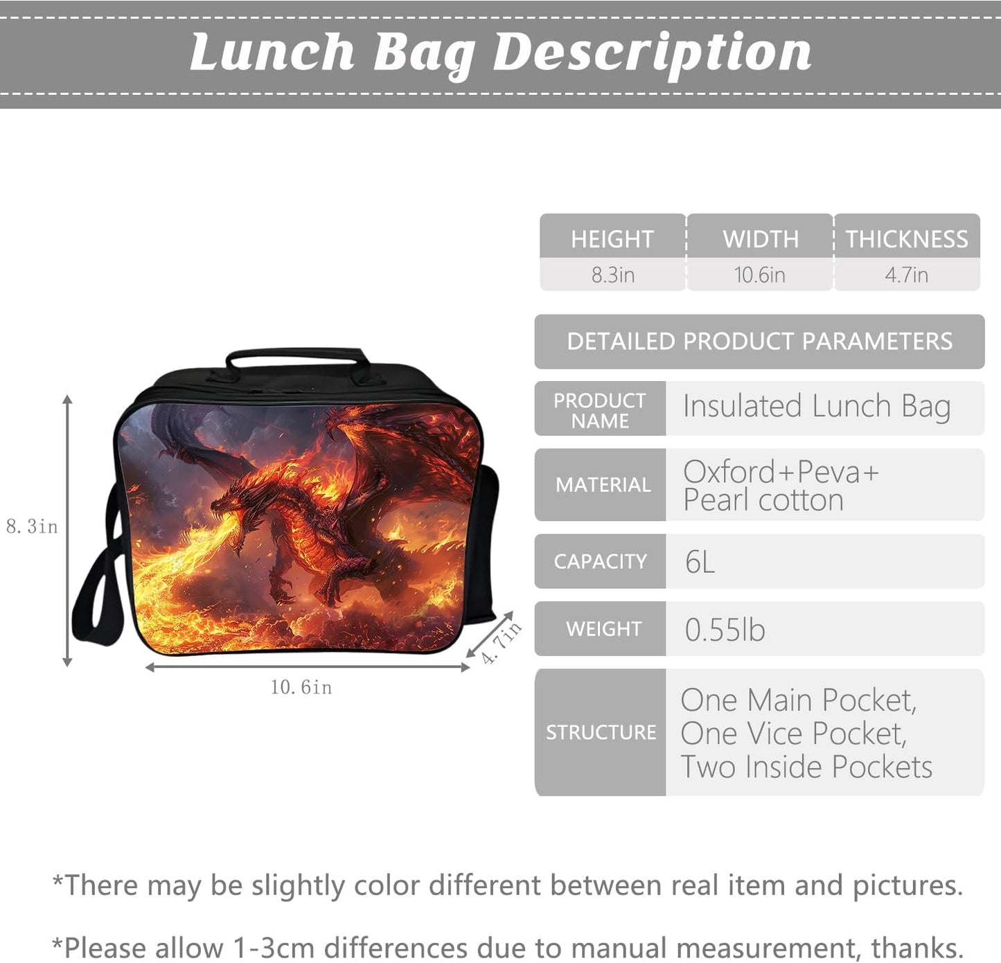 Klymax Fire Dragon Backpack Kids Schoolbag with Lunch Box Bag Pencil Bag 3pcs Bookbag Sets for Boys Girls