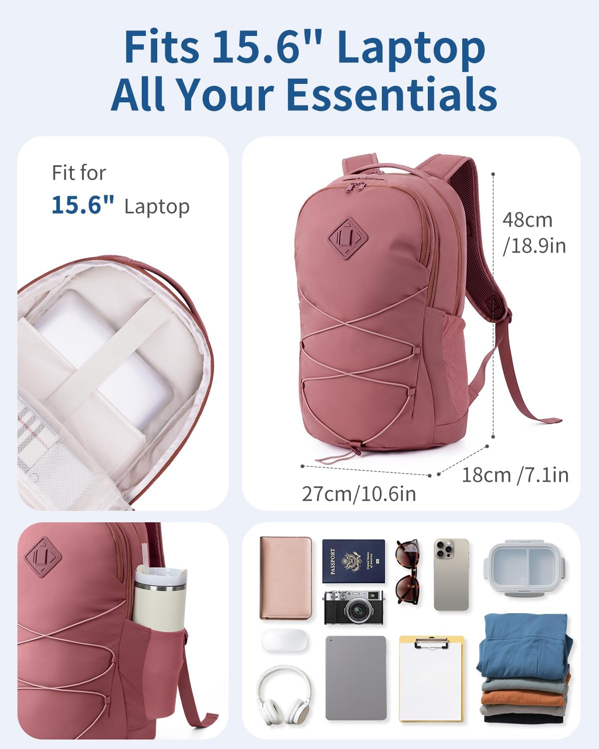 WANDF 15.6-Inch Laptop Backpack for Women, Travel Backpack Water-Resistant Lightweight College Backpack for Work Casual Business Weekender (Date Red)