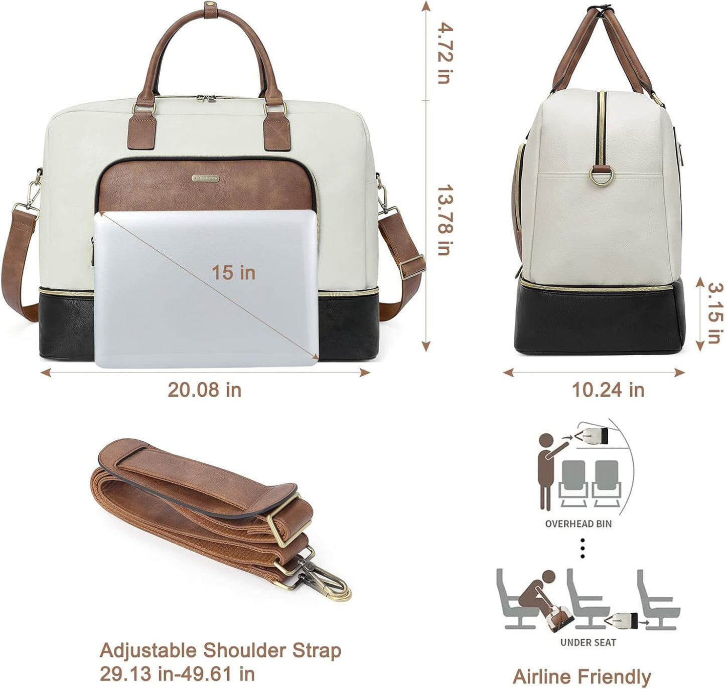 CLUCI Travel Duffel Bag for Women Leather Oversized Weekender Overnight Bags with Shoe Compartment Beige with Brown and Black