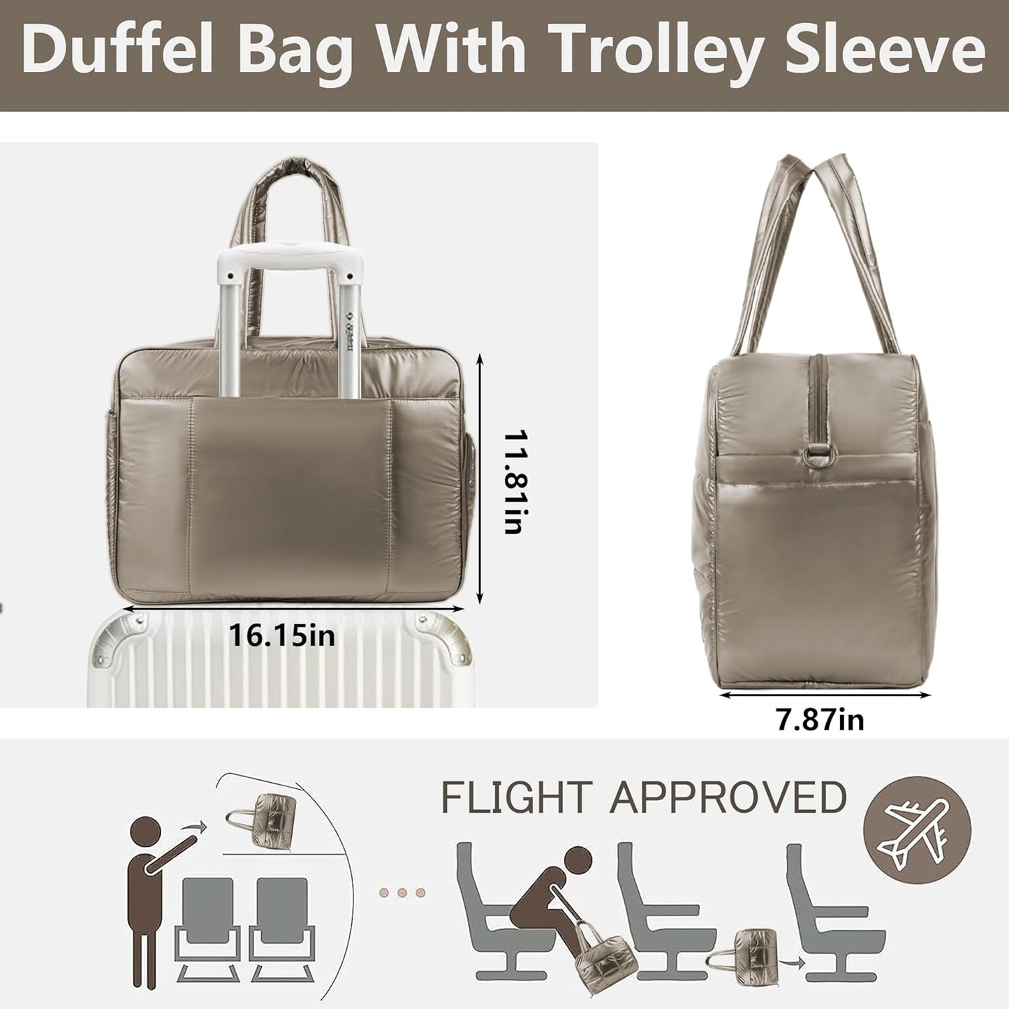 Weekender Fluffy Bag Quilted Nylon Puffer Tote Bag Personal Item Bag for Airlines Overnight Bag Gym Bag