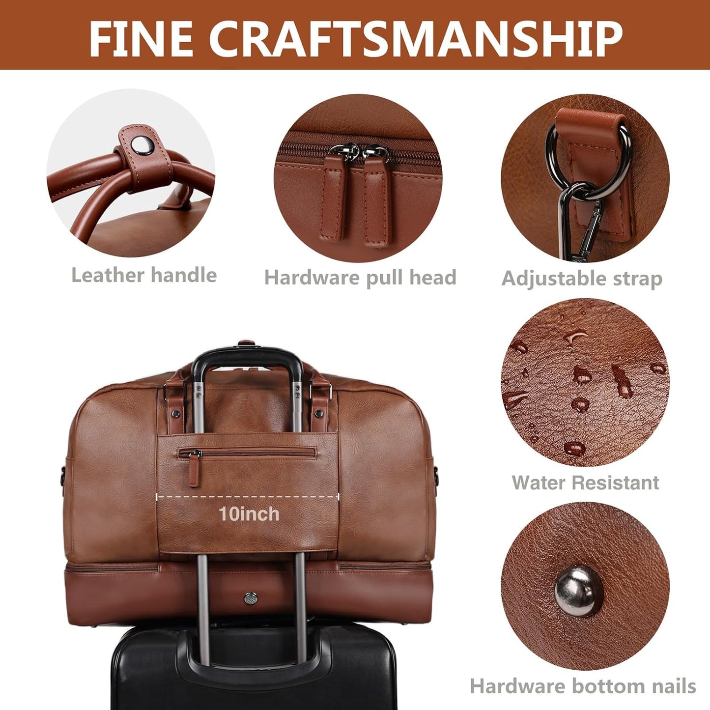 4PCS Duffle Bag for Travel, Weekender Overnight Bag for Women & Men, Large Leather Duffel Carry On with Shoe Compartment, Gym Sports Bag (Brown)