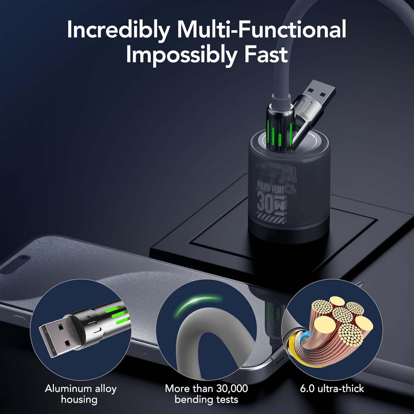 MFish 4-in-1 Universal USB Charging Cable with Carrying Case – 240W Max Fast Charger Cord, USB-A, Dual USB-C & Lighting, for iPhone 14/15/16/17 Series, iPad & MacBook and More(Grey, 6.6Ft)