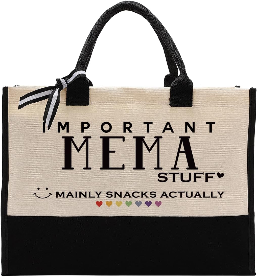 Mema Canvas Tote Bag - Cute Design, Reusable Grocery Bags for Her, Mom & Grandma Gift for Mother's Day, Christmas, Birthday