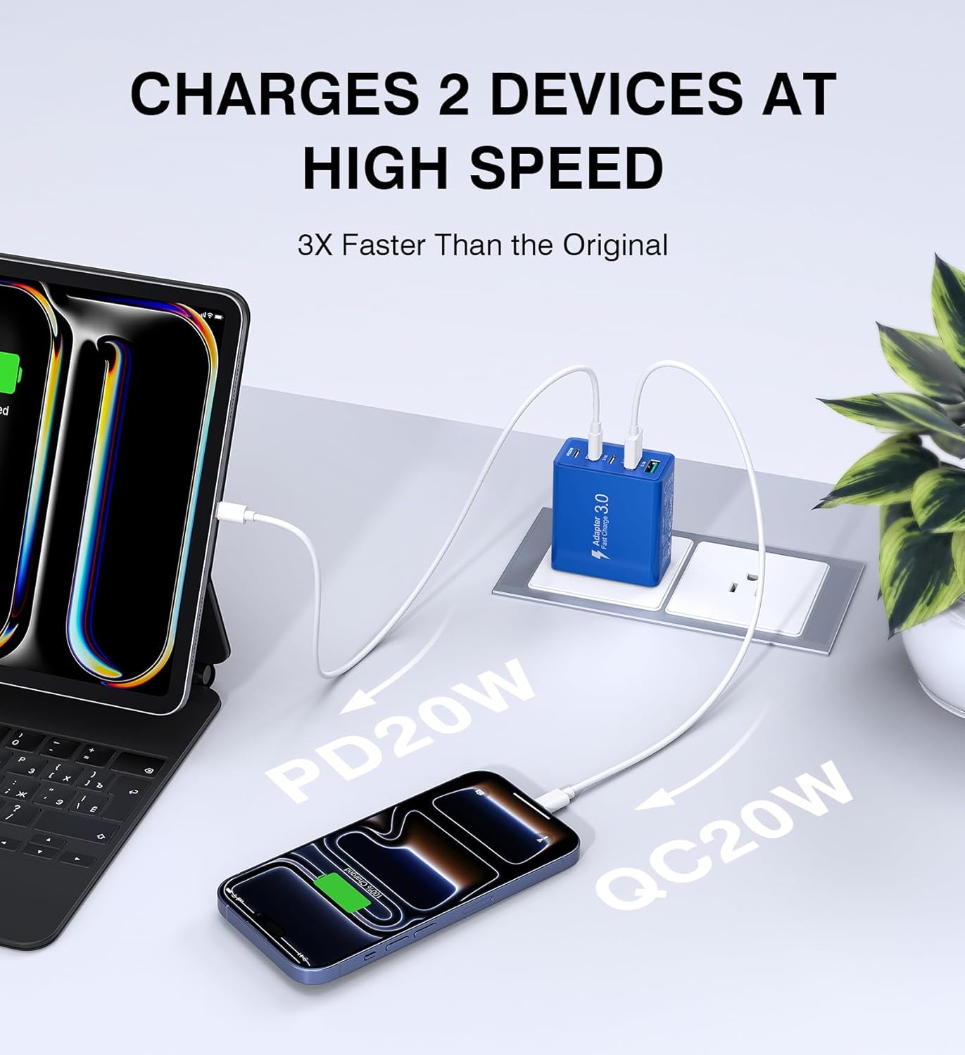 60W USB C Fast Charger Cube,2 Pack PD+QC Charging Block Power Adapter 5 Port Wall Mount Plug for iPhone 17 16 15 14 13, Motorola, LG, Google Pixel 6a/6 Pro/6/5a/5/4/4A Box Brick (Dark Blue)