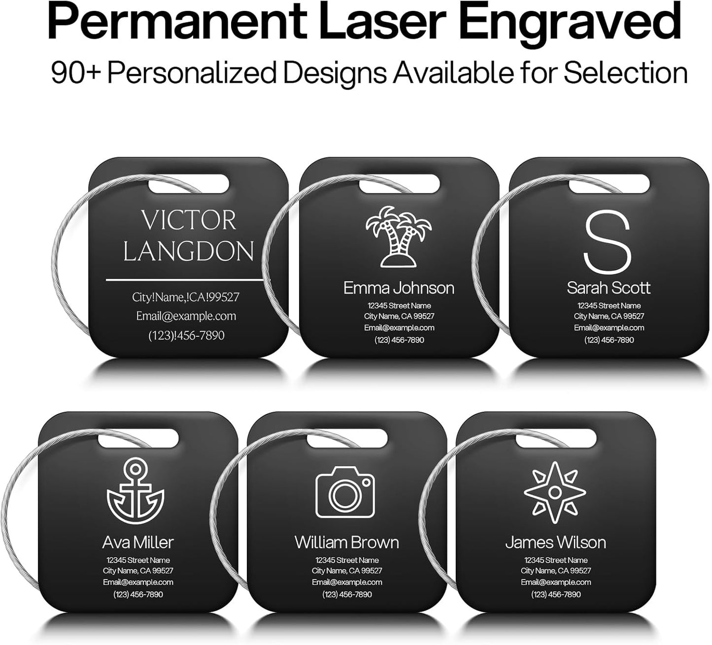 Initial Personalized Luggage Tags for Suitcases - Laser Engraved Stainless Steel Custom Name ID Tag for Backpack and Bag Kids, Women - Metal Baggage Tags Travel Essentials Accessories(Square-Black)