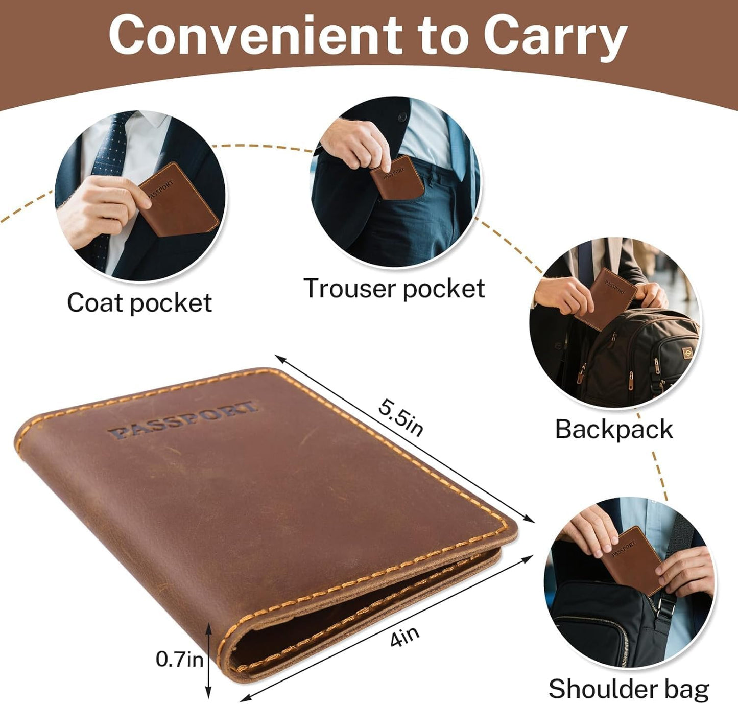 Genuine Leather Passport Holder for Travel,RFID Blocking Passport Cover, Men Passport Wallet, Folding Passport Clip with One Pocket, Two Card Slots, And One Passport Pocket(Bourbon Brown)