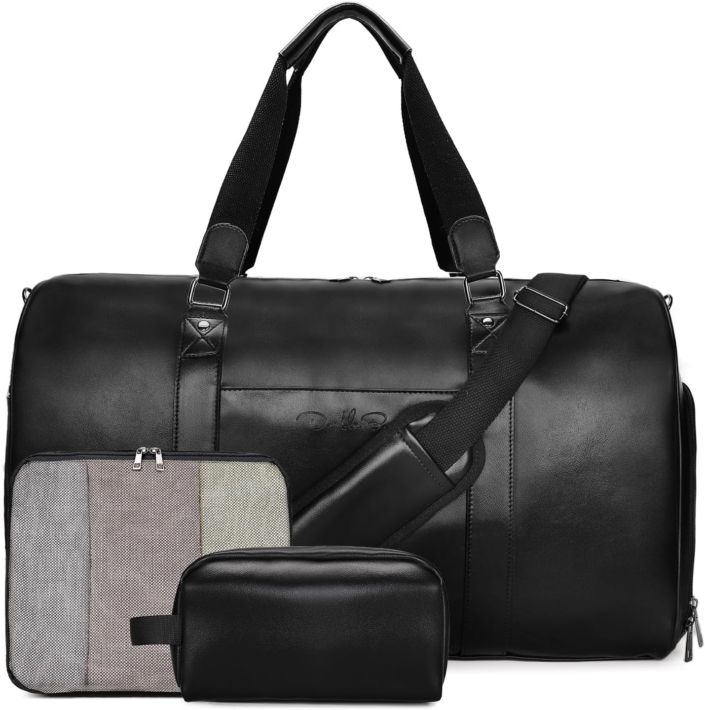 3-in-1 Leather Duffle Bag with Toiletry and Shoe Compartment, Weekender Overnight Gym Bag for Men and Women, Carry On Fits Most 15.6 Inch Laptops(Black)