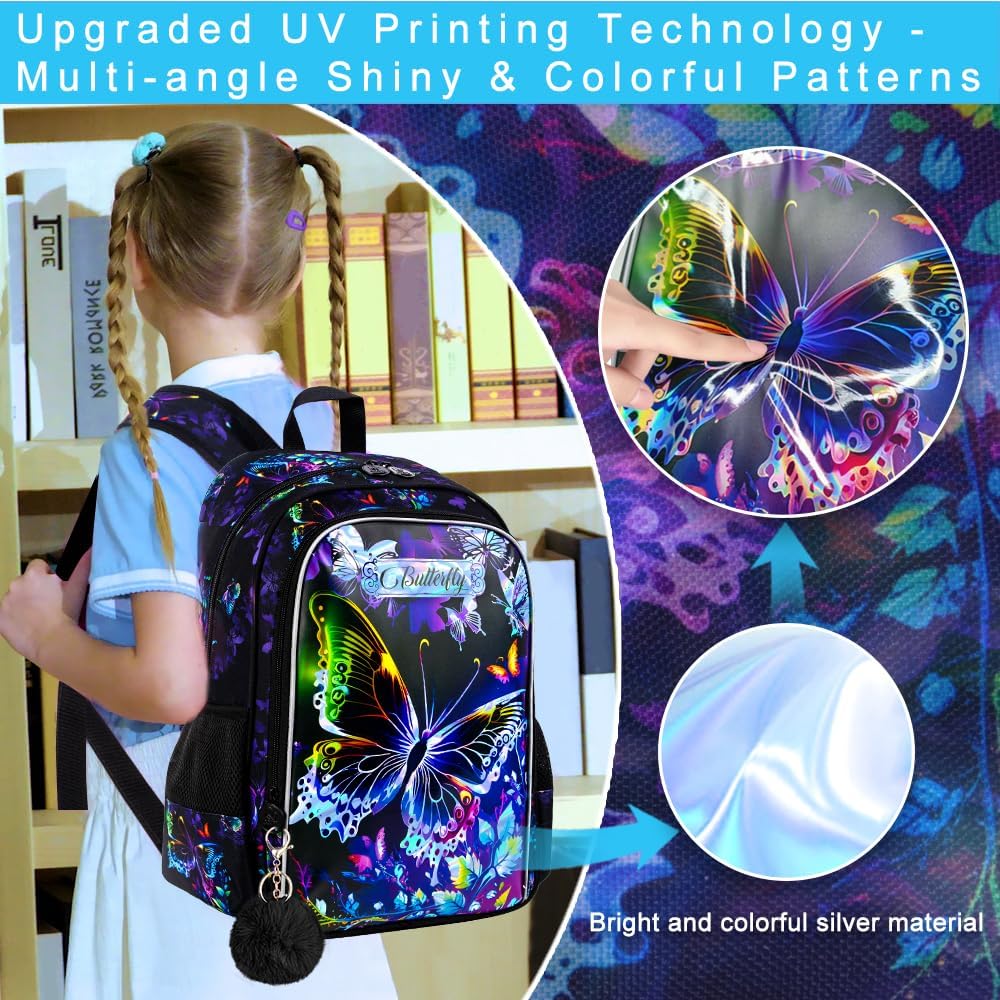 16" Butterfly Backpack for Girls, 3Pcs School Bookbag with Lunch Box, Kids Backpacks Set for