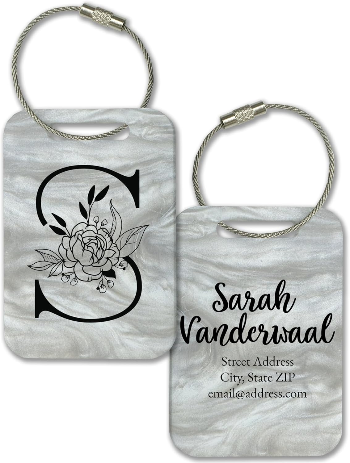 Personalized Monogram Name Tag for Luggage (3 or 6 Count Pack) | Custom Tag for Suitcase | Acrylic Name Tag for Travel | Choose Your Font & Color | Backpack ID Label (Monogram, White Marble)