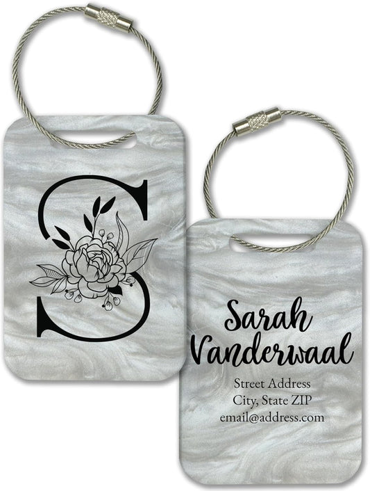 Personalized Monogram Name Tag for Luggage (3 or 6 Count Pack) | Custom Tag for Suitcase | Acrylic Name Tag for Travel | Choose Your Font & Color | Backpack ID Label (Monogram, White Marble)