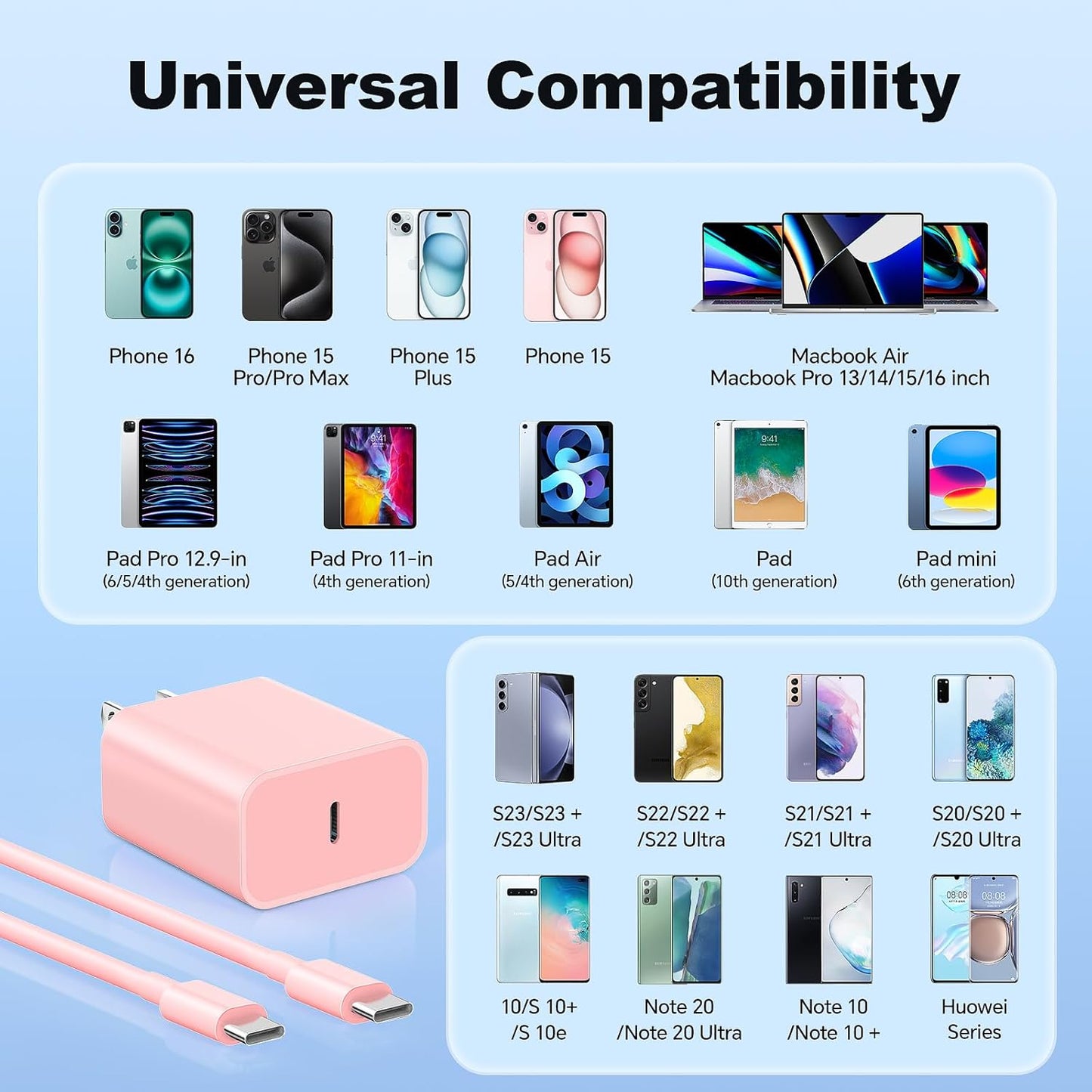 Compatible with iPhone17 16 15 Charger Fast Charging, 3 Pack 20W USB C Colorful Charger Block with 10 FT USB-C to C Cable Compatible with iPhone 17 16 15 Pro/Plus/Pro Max,Pad Pro 12.9/11 inch
