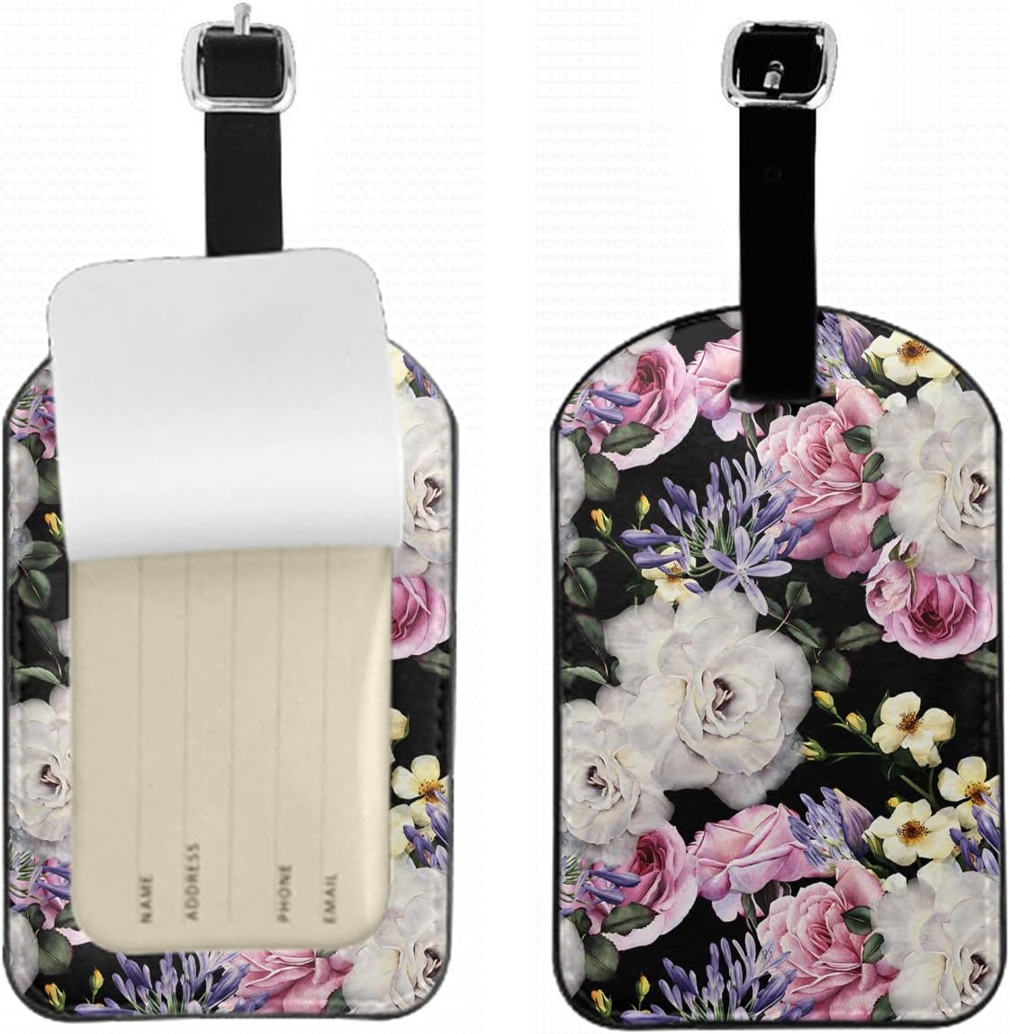 Watercolor Flowers PU Leather Suitcase ID Tag Green Leaves Plants Beauty Romance Luggage Baggage Tags ID Label for Suitcases Backpack Schoolbag Handbag, 1 Pack