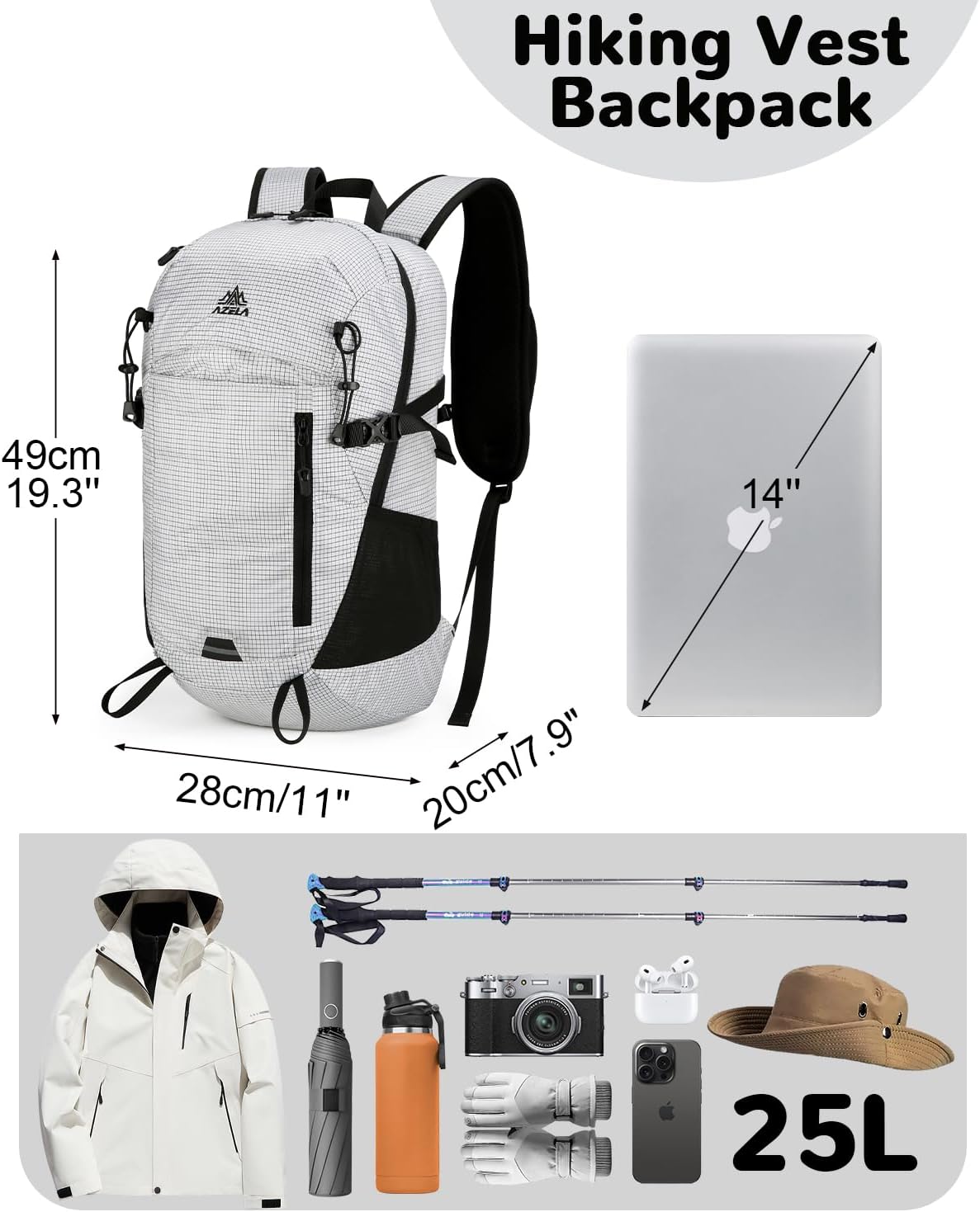 25L Small Nylon Waterproof Hiking Backpack with Phone Pouch for Men Women, Lightweight Hiking Daypack with Breathable EVA Back Support,White