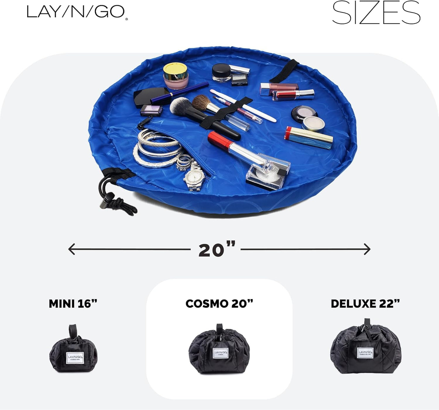 Lay-n-Go Cosmo Lay Flat Drawstring Cosmetic & Makeup Bag Organizer - Zipper Pocket, Brush Loops & Storage - Machine Washable, Toiletry Carrier for Travel, Cinch Closure, Gift (20", Sky Blue)