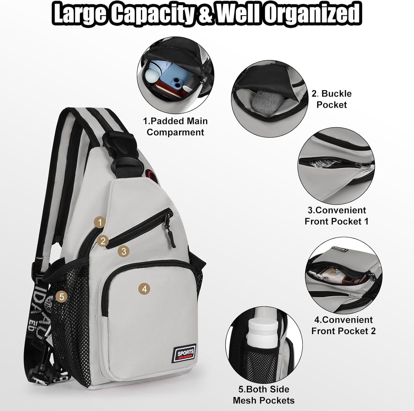 Sling Bag for Women Man Sling Backpack with Convertible Shoulder Strap Casual Backpack Daypack for Travel, Hiking and Daily Commute, (White, Small)