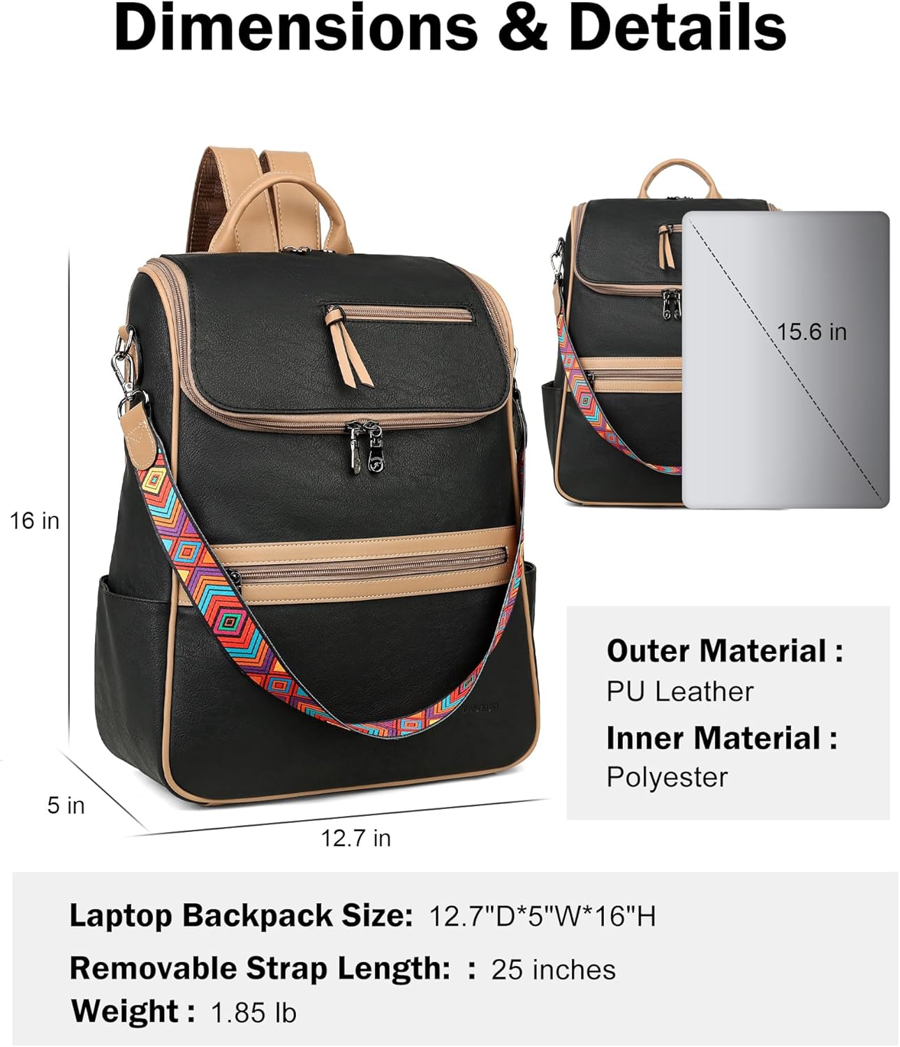 FADEON Laptop Backpack for Women Leather Travel Backpack with Laptop Compartment, Designer PU Shoulder Laptop Bag Black Brown