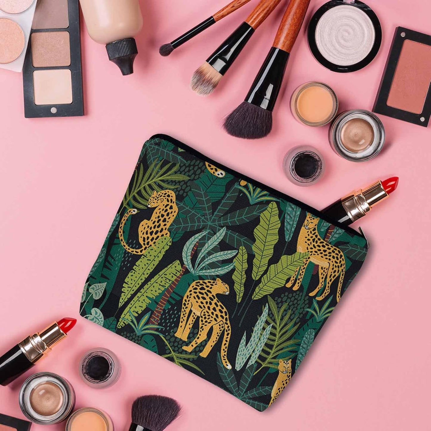 Leopard Cosmetic Travel Bag For Toiletries, Tropical Leaves Leopard Cheetah Makeup Bag Toiletry Bags For Women, Flax Cosmetic Bags Make Up Bag Purse Toiletries Bag Birthday Gift Yellow Green