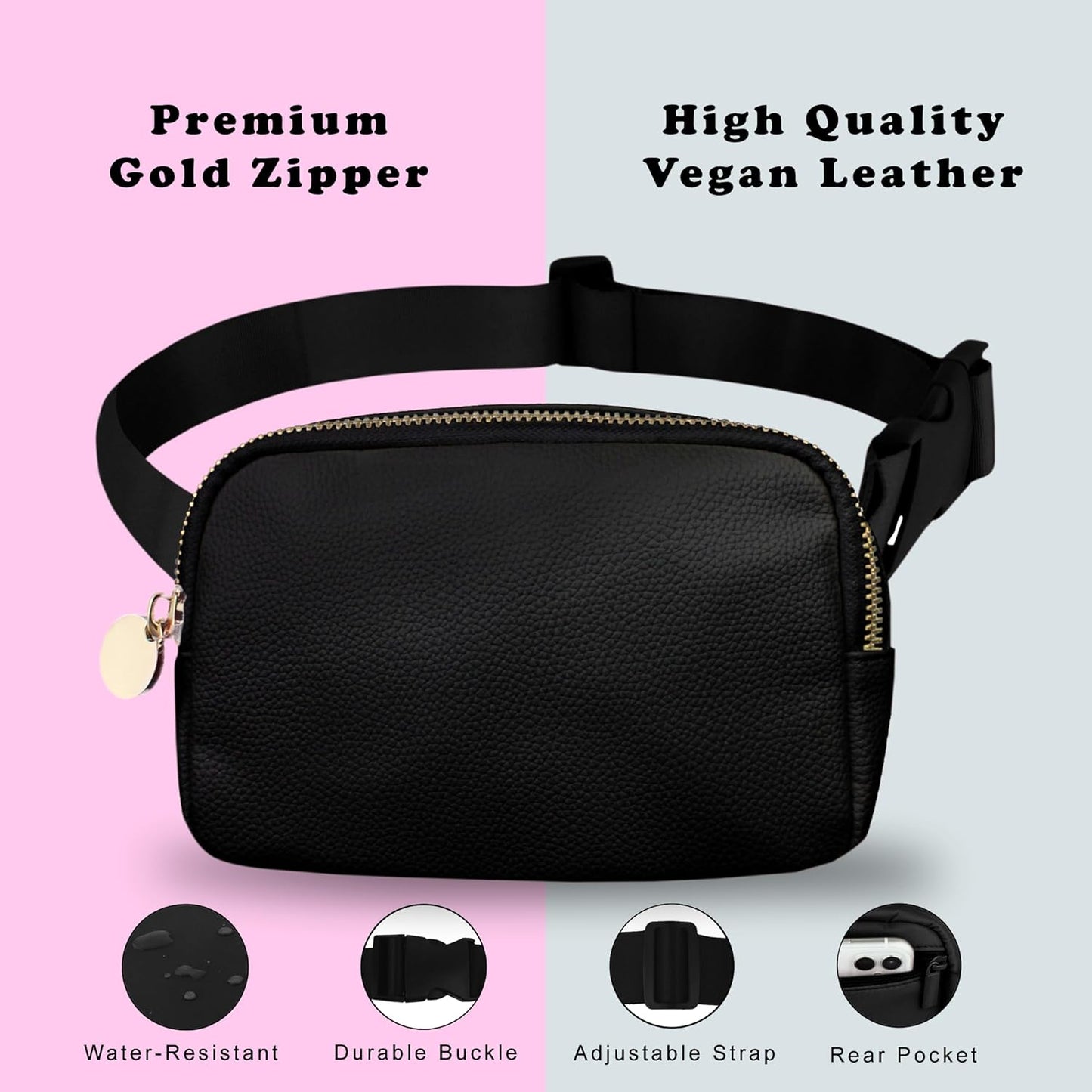 Leather Belt Bag for Women – Black Leather Fanny Pack Crossbody, Everyday Belt Bag, Waist Pack, Women’s Fanny Pack, Crossbody Fanny Packs for Women, Large Black Bag