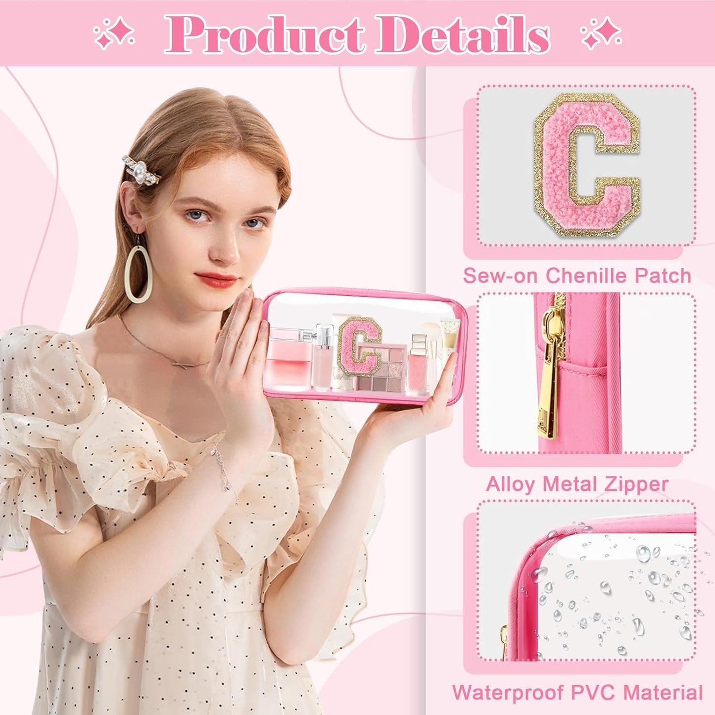 Personalized Initial Letter Clear Makeup Bag,Preppy Small Nylon&PVC Cosmetic Zipper Bag with Chenille Letter,Portable Beach Travel Skincare Toiletry Bag,Trendy Monogram Gift for Teen Girls Women,C